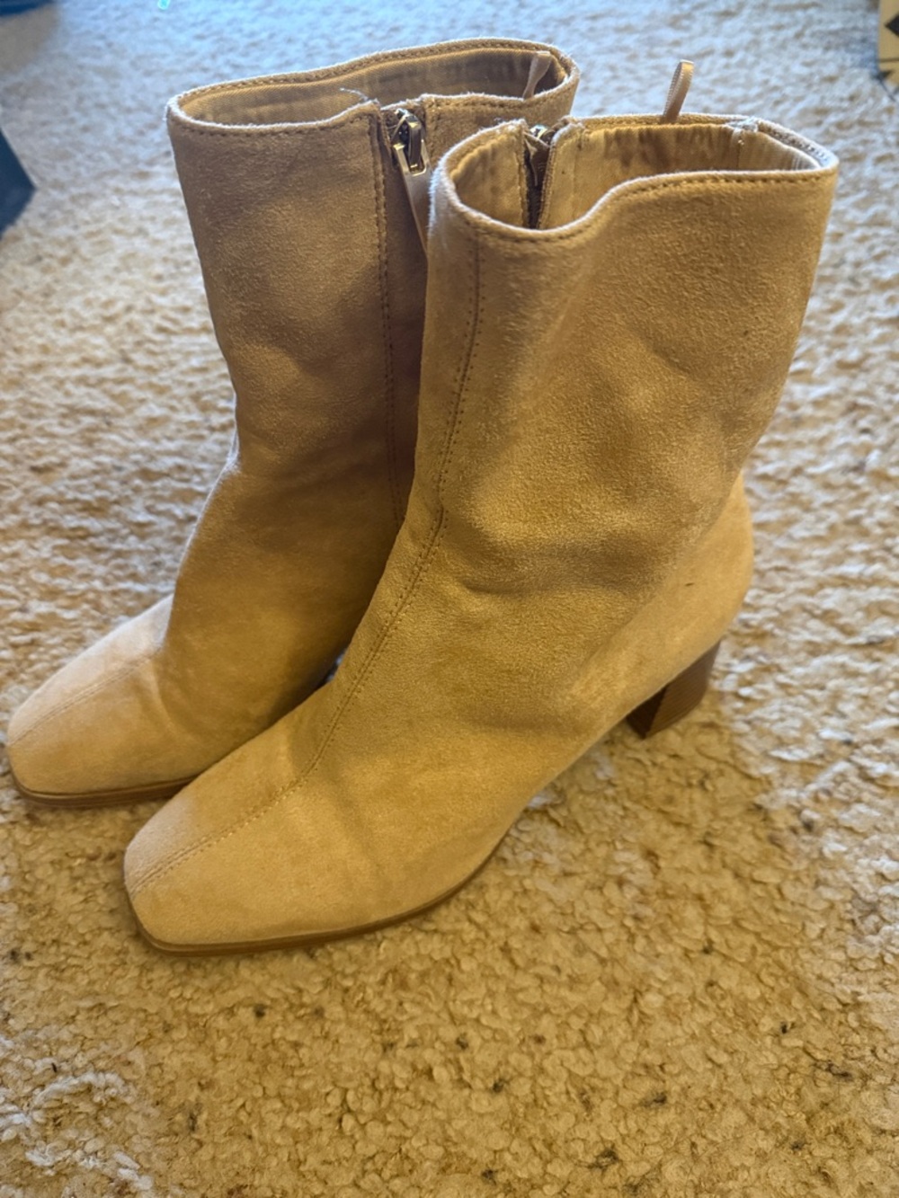 H&M Beige Suede Mid-Calf Ankle Boots with Block Heel